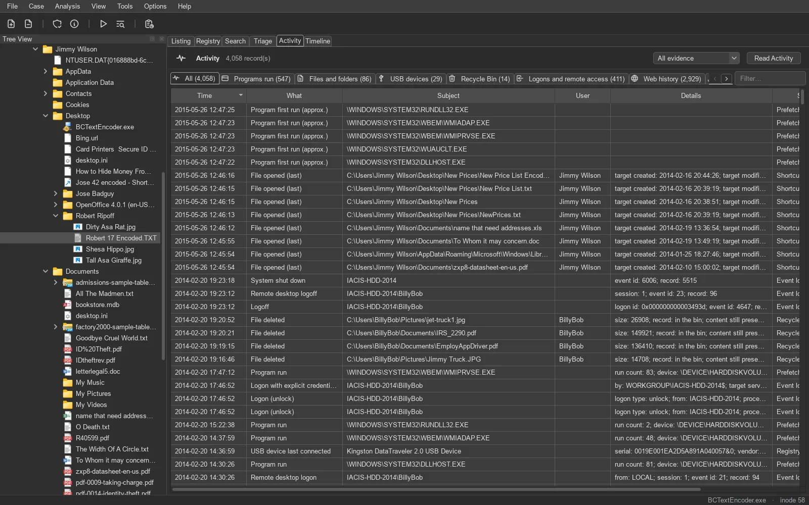 TRACE: activity view. What the users did – programs run, files opened, devices, logons – read from the system’s own records.