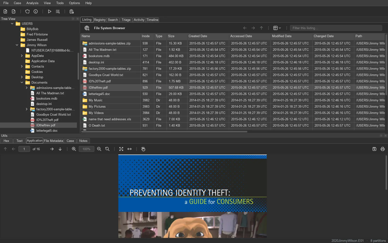TRACE: browse view. The evidence tree, a file listing with every timestamp, and a viewer for whatever is selected.