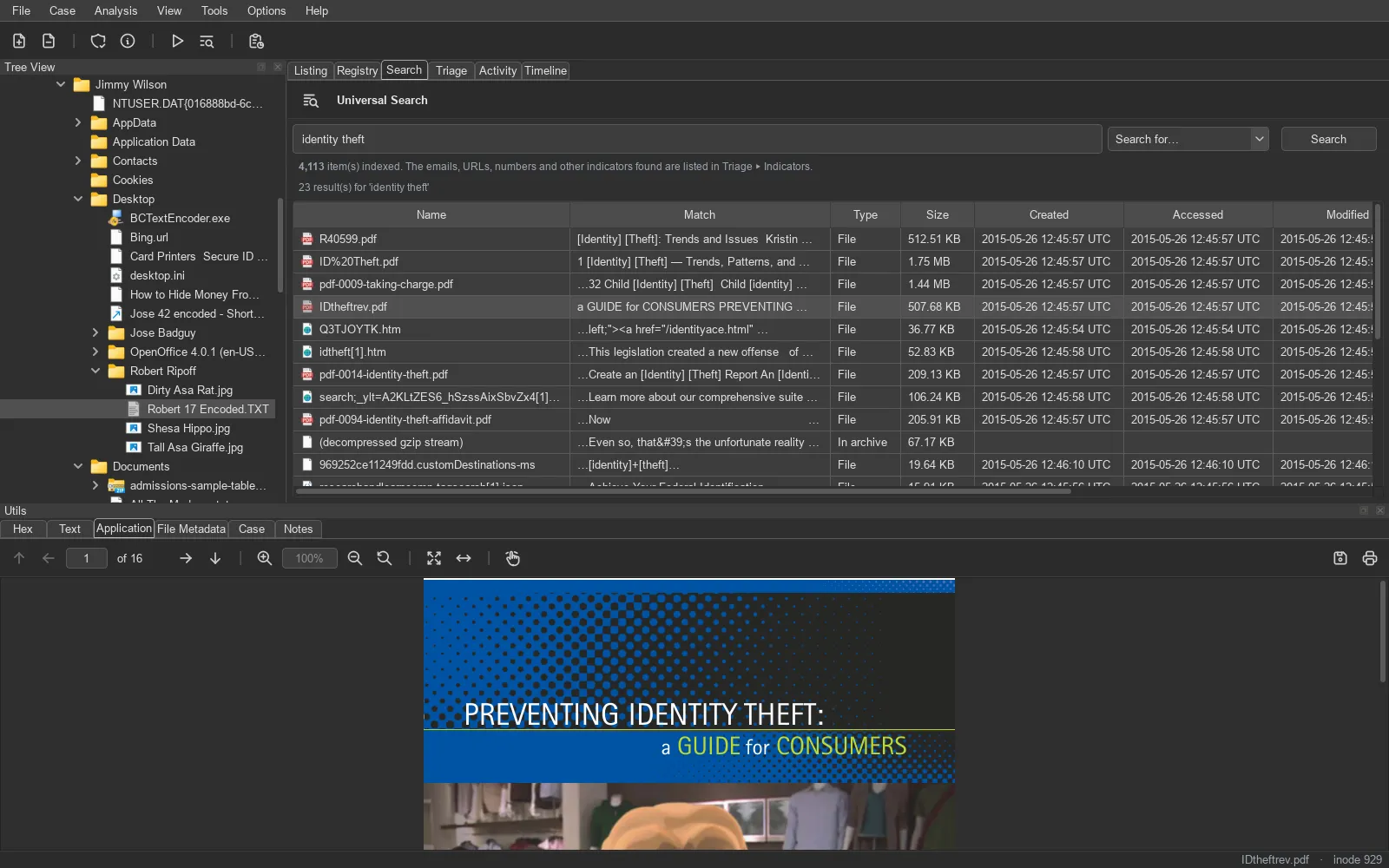 TRACE: search view. Full-text search inside documents, mail and archives, with indicators found automatically.