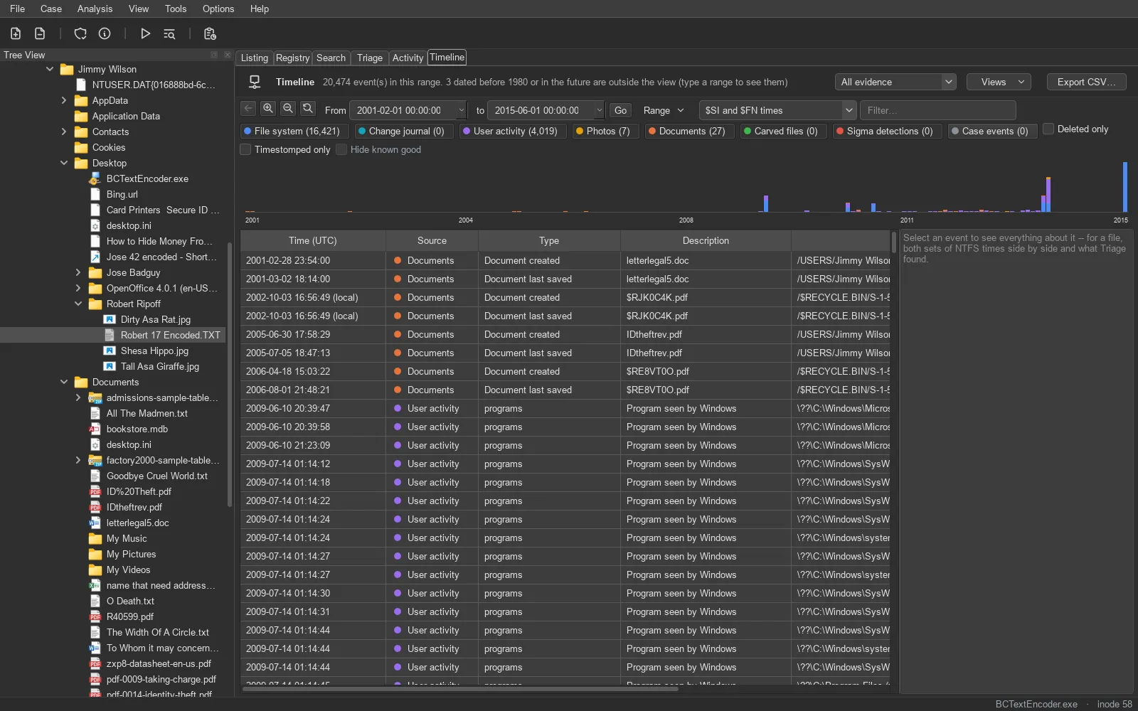 TRACE: timeline view. Every source in one view, with a histogram to find the busy hours.
